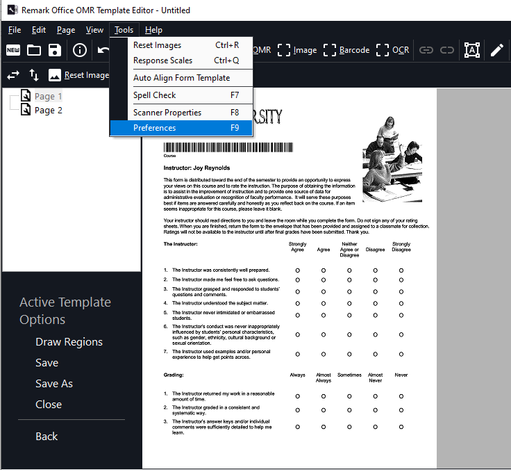Remark Office OMR Template Editor Preferences Menu